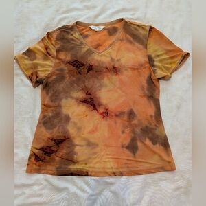 NWOT short sleeve brown and orange tie dye pattern T-shirt Top Size L